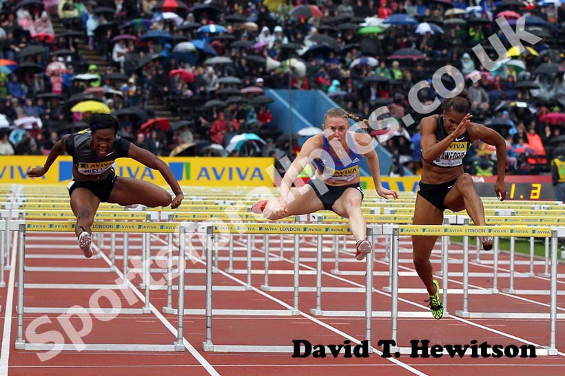 Kellie Wells and Sally Pearson in the 100 metres hurdles, 2012 Samsung Diamond League, Crystal Palace, London.